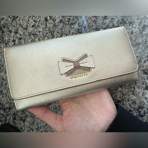 Prada Metallic Gold Saffiano Bow Continental Wallet with Taupe Bow Detail